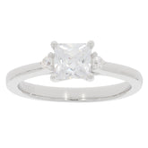 Elegant white Moissanite sterling silver ring with accent stones, featuring a beautiful princess cut gemstone.